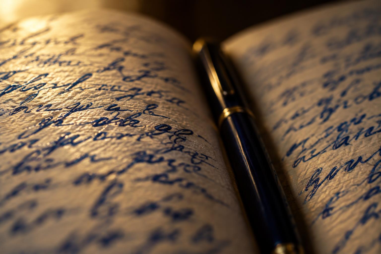 An open notebook covered in handwriting, a pen resting in the fold