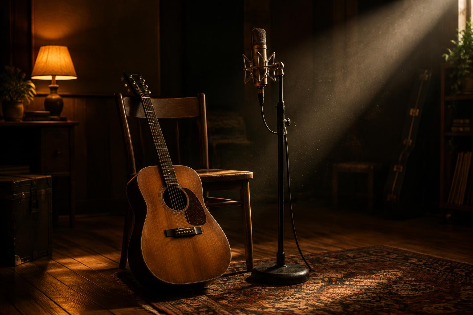 An acoustic guitar resting against a chair beside a studio microphone